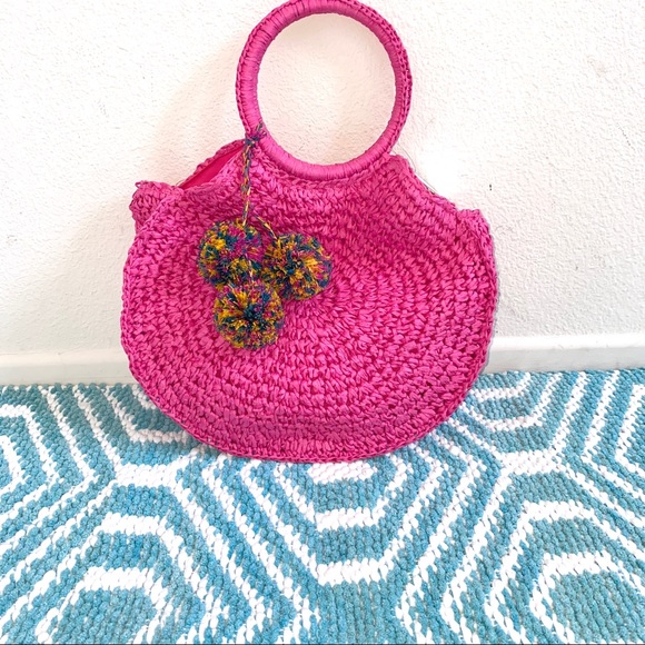 Boho Beach Pink Straw Pom Pom Circle Bag - Picture 2 of 5